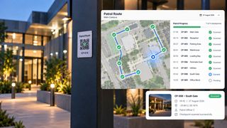 Guard patrol screen showing a route map with green scanned checkpoints, a list of seven of nine checkpoints scanned and a QR patrol point on a wall beside it